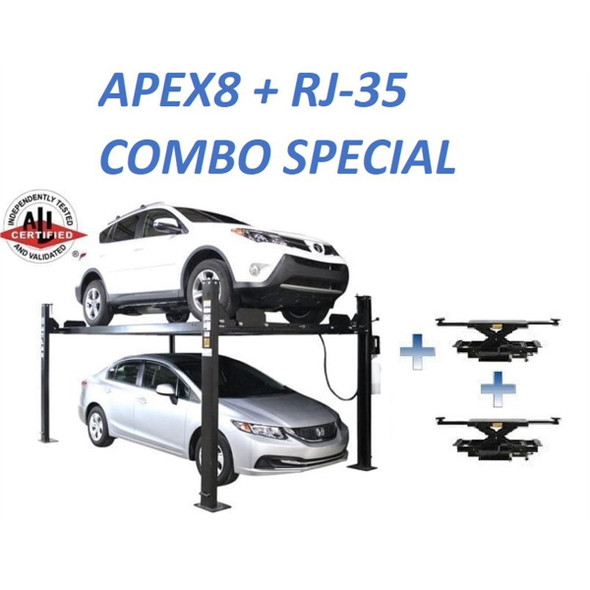 Atlas® Equipment ALI Certified APEX 8 4 Post Lift + RJ35 Sliding Jacks Combo